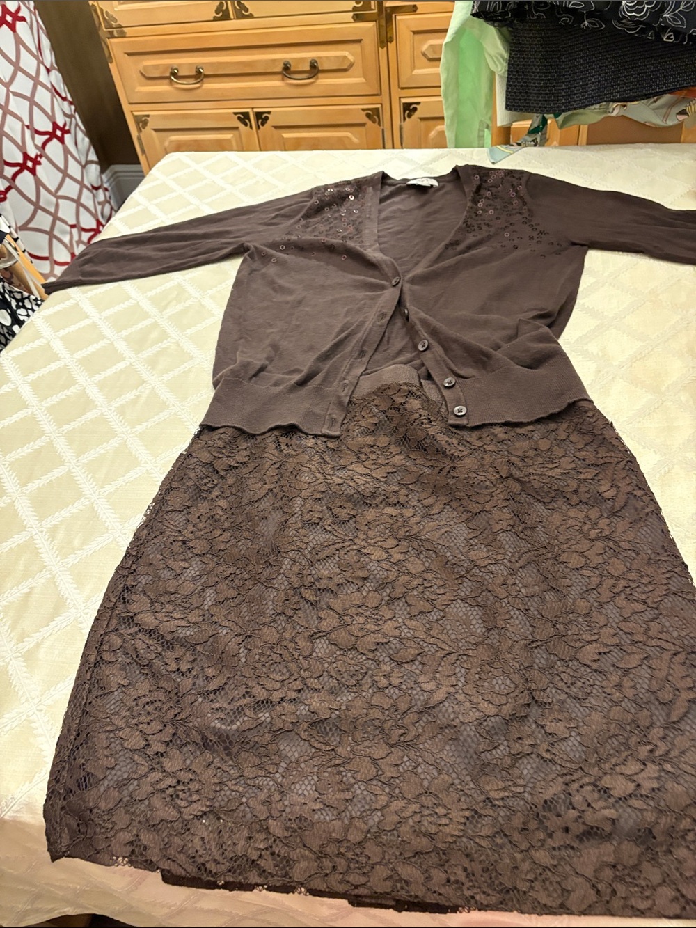 Loft Brown Lace Pencil Skirt - Matching brown sequined 3/4 sleeve cardigan.